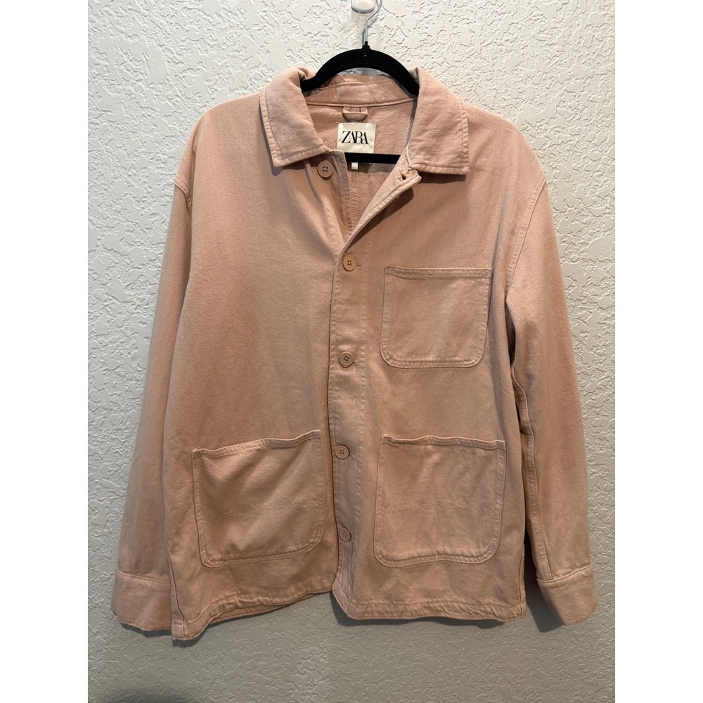 Zara Denim Chore Jacket Size M Pink Utility Workwear Minimalist Streetwear